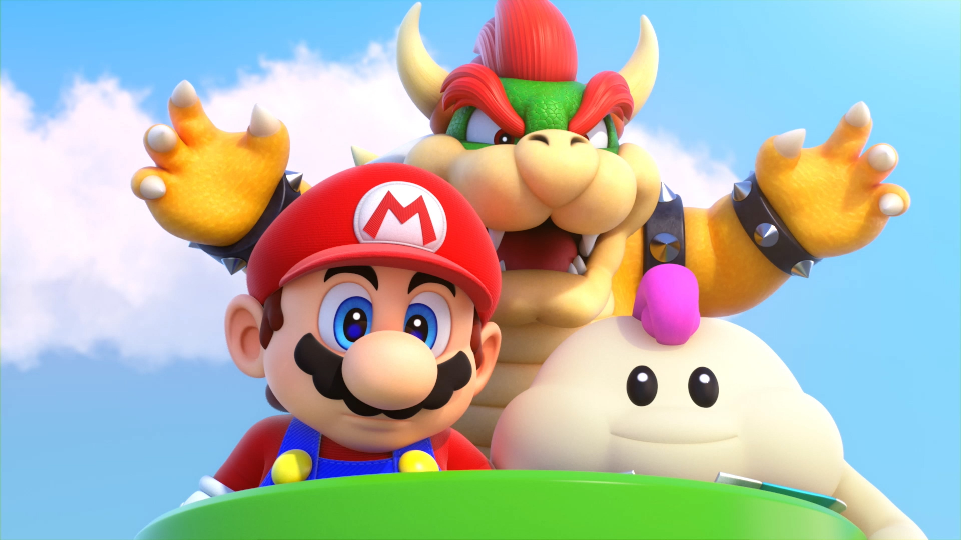 In Super Mario RPG, Mario, Bowser, and the cloud-like companion Mallow look out over the top of a pipe