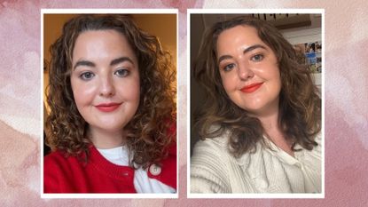 Two images of Senior Beauty Editor Rhiannon Derbyshire - with her naturally curly hair, and with her bouncy blow dry