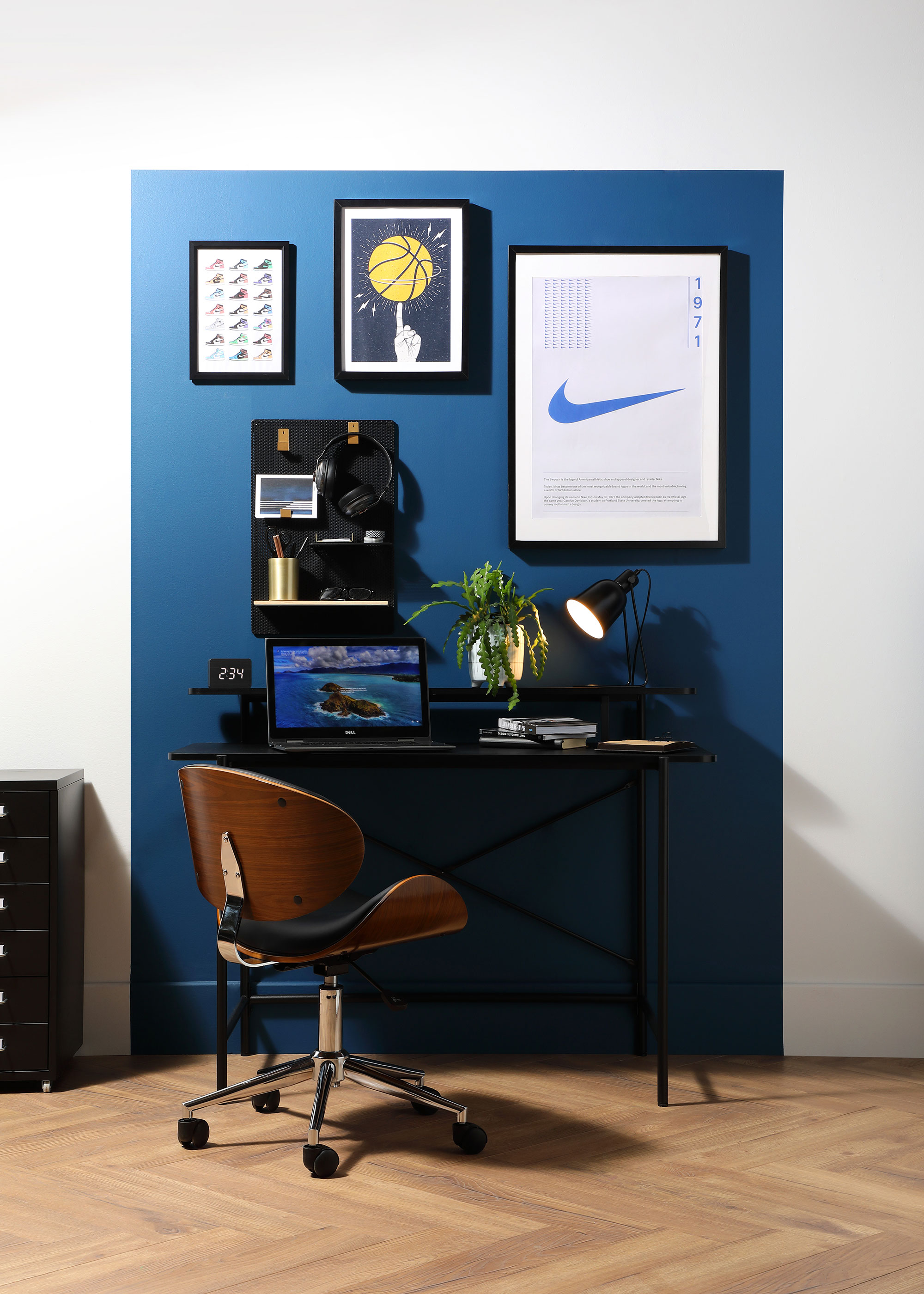 home office with blue feature wall