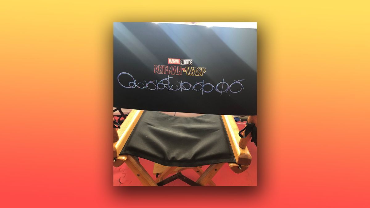 A photo of the new Ant-Man movie logo on the back of a chair.