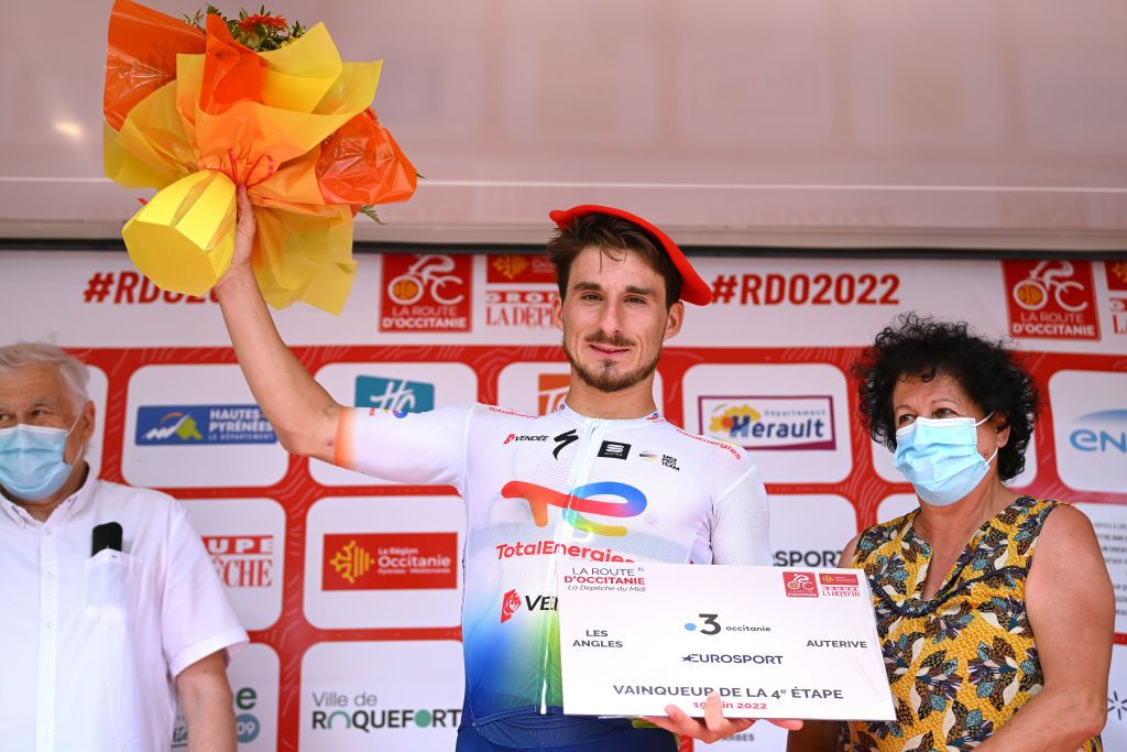 AUTERIVE FRANCE JUNE 19 Niccolo Bonifazio of Italy and Team Total Energies celebrates at podium as stage winner during the 46th La Route dOccitanie La Depeche du Midi 2022 Stage 4 a 1883km stage from Les Angles to Auterive RDO2022 on June 19 2022 in Auterive France Photo by Dario BelingheriGetty Images