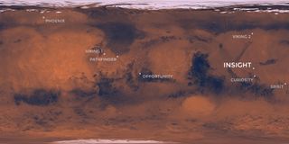 The landing sites of past and present Mars missions are labeled on this map, provided by NASA.