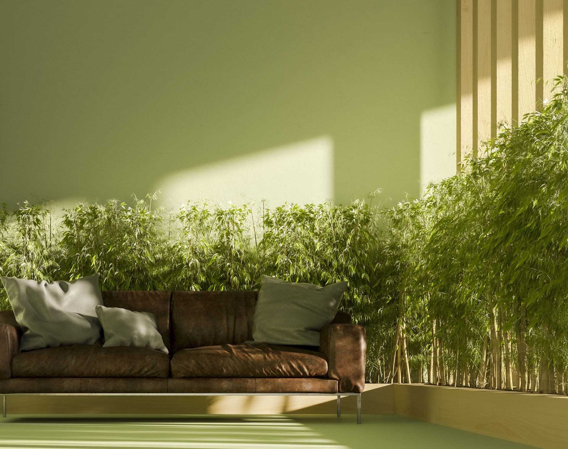 A living room with tall bamboo plants