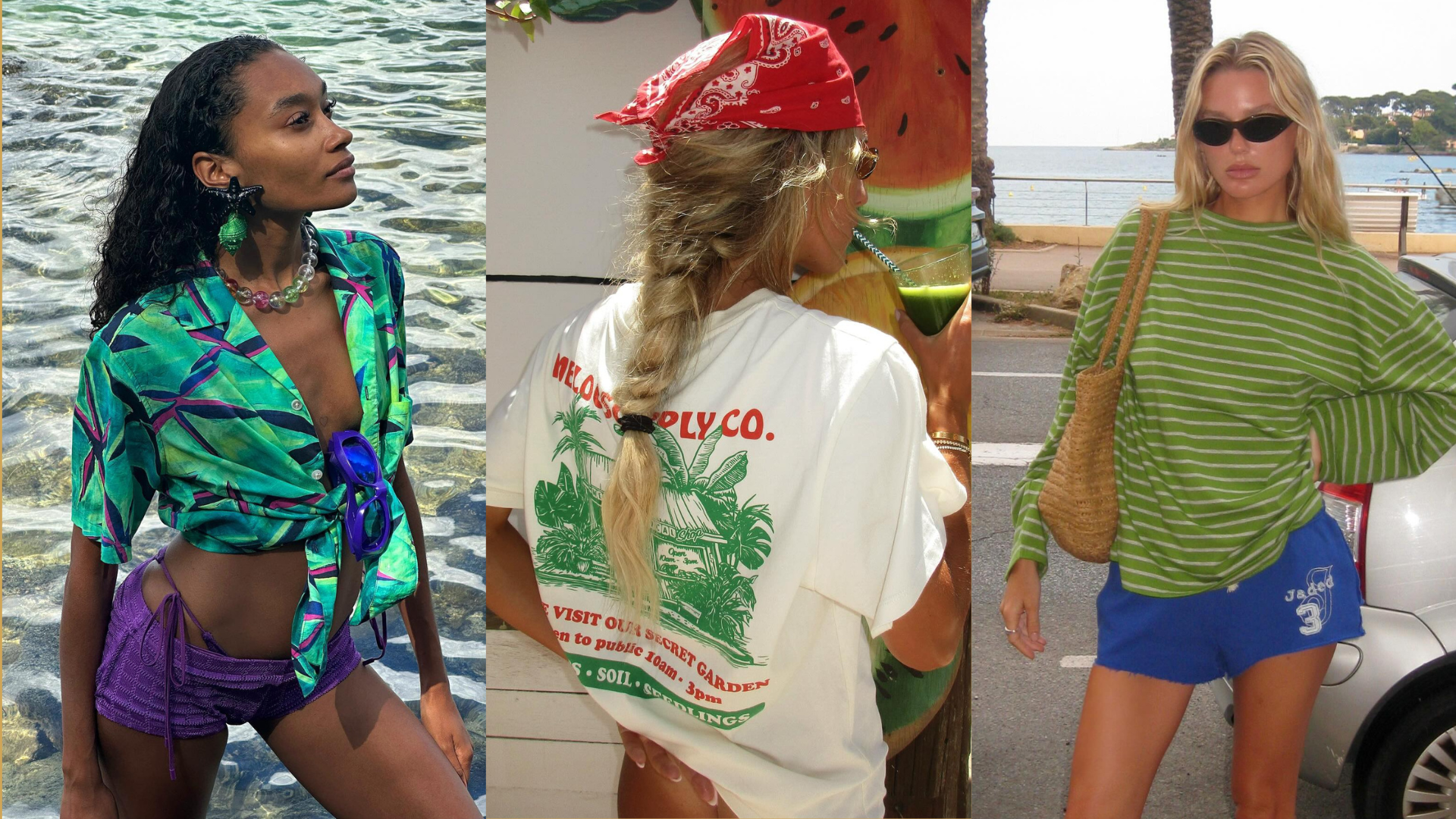 Photo collage of women wearing swim shorts and T-shirts 