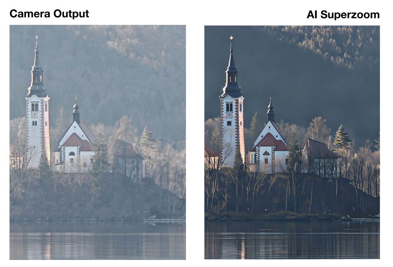 Two matching pictures of a church on a lake side by side, the image on the right has been enhanced by AI