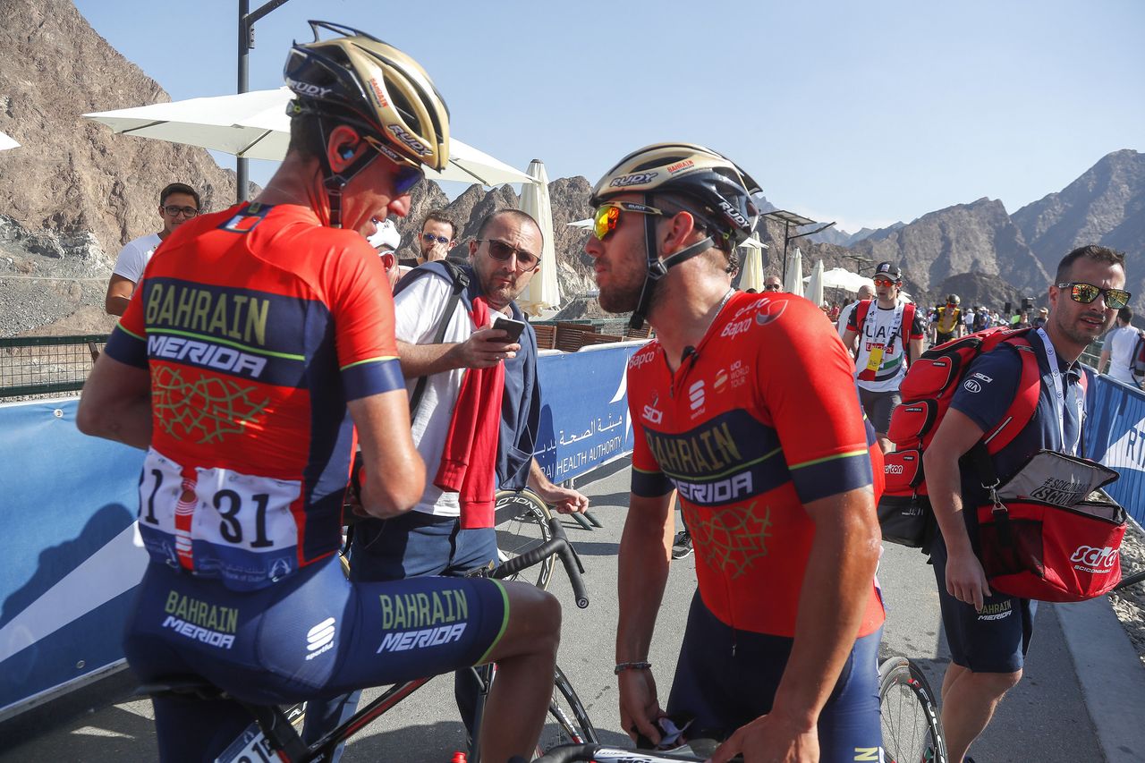 Vincenzo Nibali talks to stage winner Sonny Colbrelli