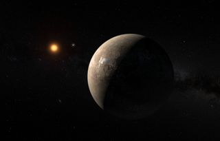This artist’s impression shows the exoplanet Proxima b, which orbits the red dwarf star Proxima Centauri. The double star Alpha Centauri AB appears in the image between the exoplanet and its star.