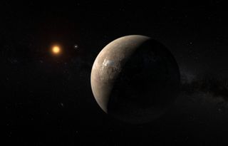 artist's illustration of proxima b in the center of the image, a small orange star glows to the left of the planet.