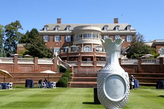 A general view of the back of the clubhouse as seen during the first day of practice for the 2024 Solheim Cup at Robert Trent Jones Golf Club at Gainesville, Virginia.