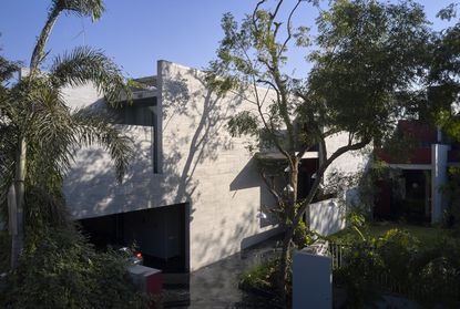 hero exterior with sunlight of Trees Sliced Through by Matharoo Associates,an Indian house