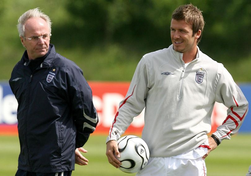 Sven Goran Eriksson and David Beckham during an England training session