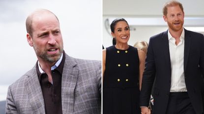 A composite of a picture of Prince William in May 2026 and a picture of Prince Harry and Meghan in April 2026