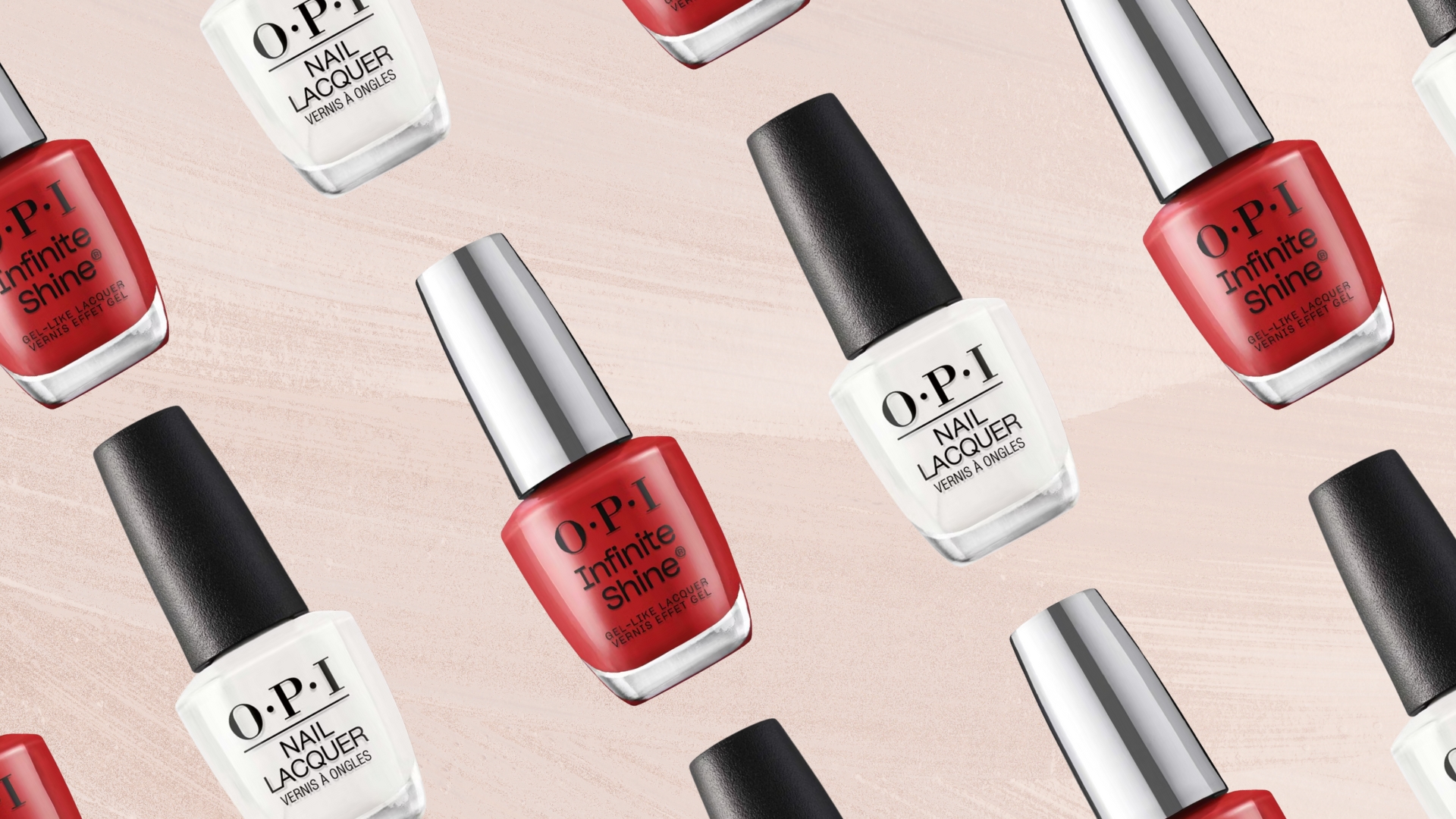 Collage of OPI Nail Polishes in 'Big Apple Red' and 'Funny Bunny' on a light pink background