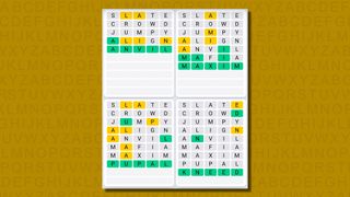 Quordle daily sequence answers for game 603 on a yellow background