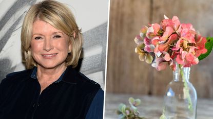 Martha Stewart and cut hydrangeas in a vase