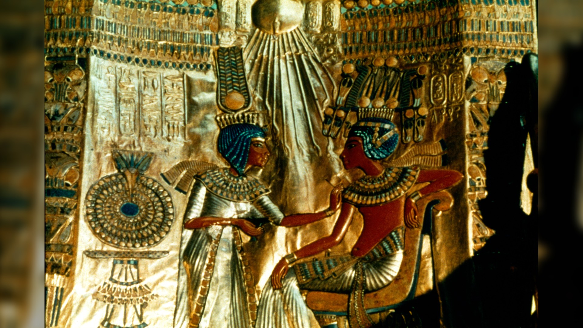 Egyptian scene on the back of a throne of King Tut and his wife Ankhesenamun.