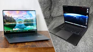 Samsung Galaxy Book 4 Ultra on a table in a split screen view with MacBook Pro 16 M3 Max on a couch