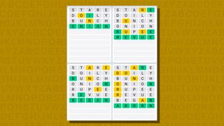 Quordle daily sequence answers for game 806 on a yellow background
