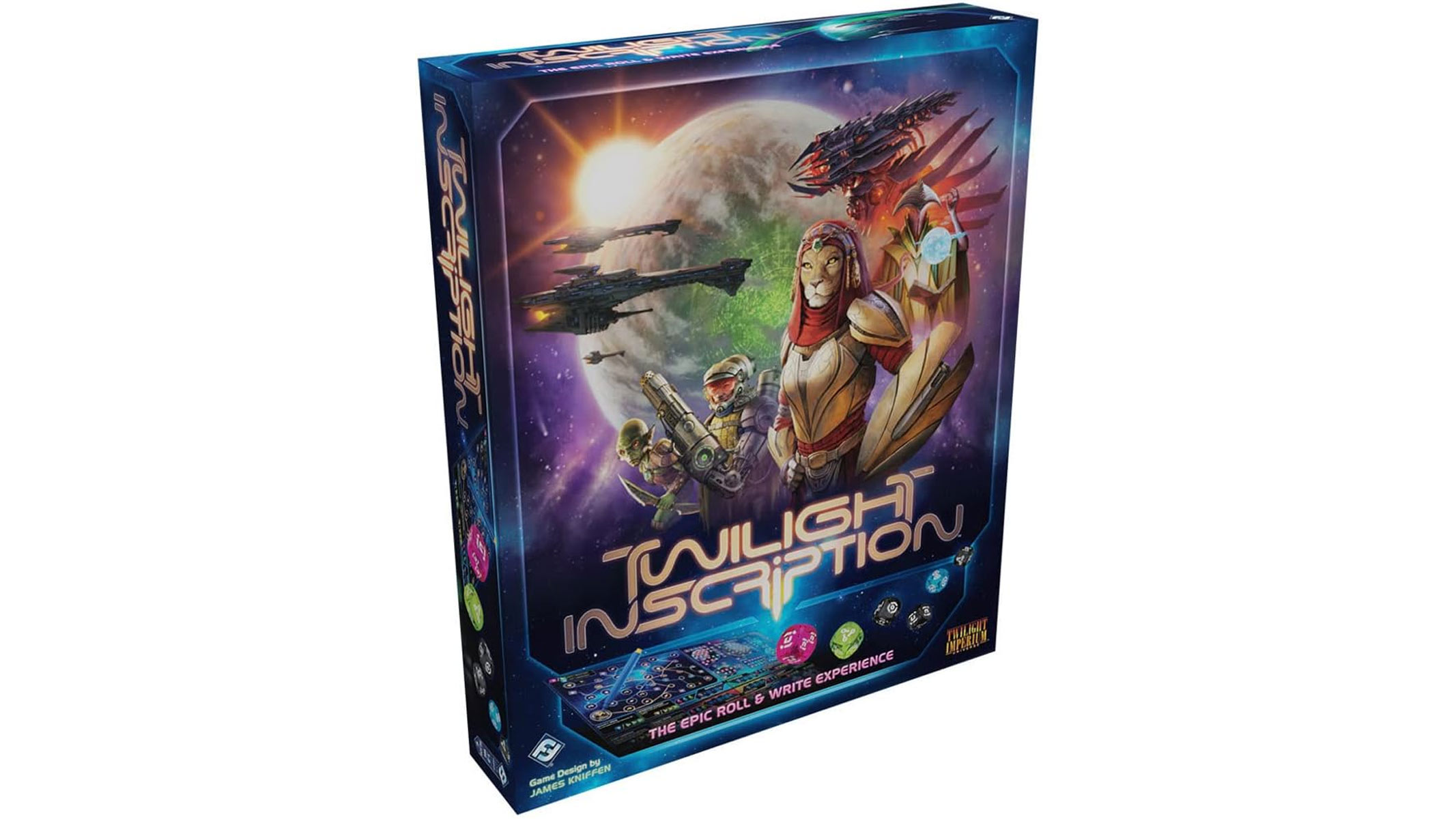 A blue product box featuring aliens and creatures on a backdrop of a planet and a Sun, all on a white background.