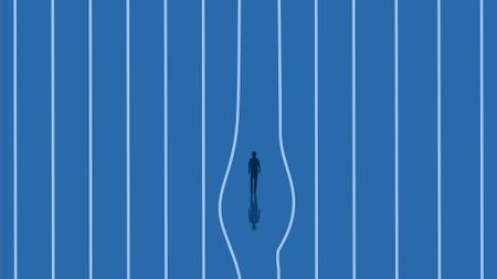 Security sandbox concept image showing silhouette of a man standing behind bars, with two bars in center warped to create a gap.