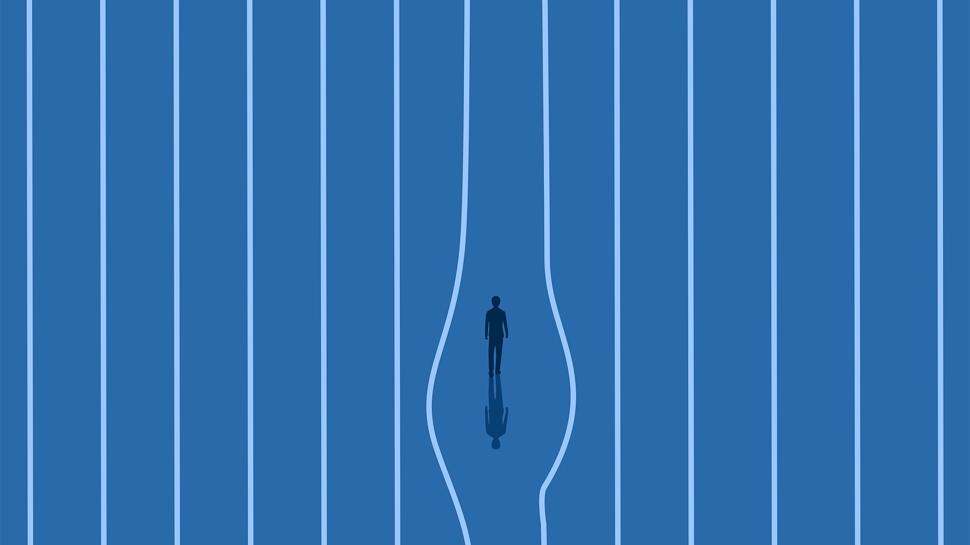 Security sandbox concept image showing silhouette of a man standing behind bars, with two bars in center warped to create a gap.