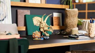 Lego Triceratops Skull on a cluttered desk