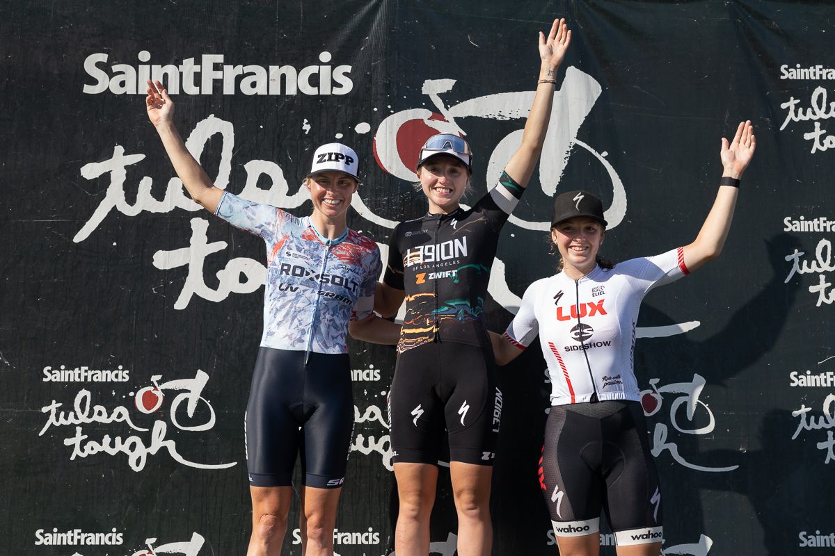 Omnium Podium: Skylar Schneider (L39ION of Los Angeles) 1st, Peta Mullens (Roxsolt Liv SRAM) 2nd, and Olivia Cummins (LUX-CTS p/b Specialized) in 3rd