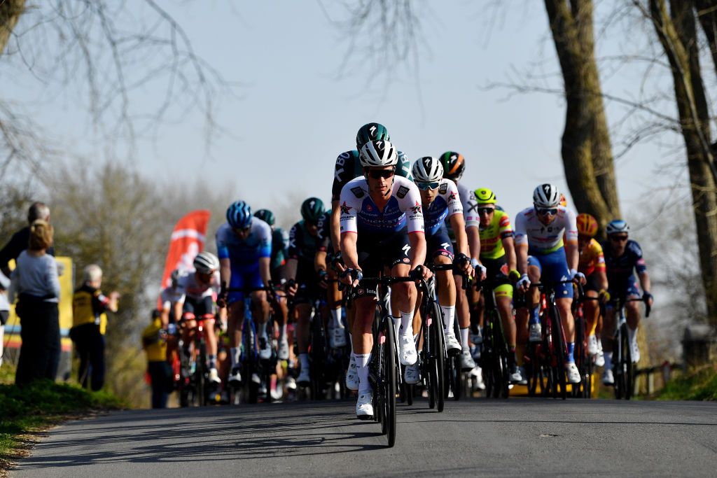 DE PANNE BELGIUM MARCH 23 Iljo Keisse of Belgium and Team QuickStep Alpha Vinyl leads the peloton during the 46th Minerva Classic Brugge De Panne 2022 a 2079km stage from Brugge to De Panne MinervaClassic on March 23 2022 in De Panne Belgium Photo by Luc ClaessenGetty Images