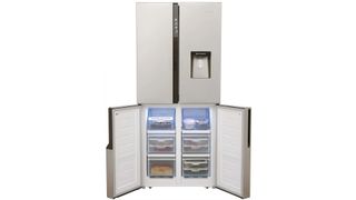 The open freezer compartment of the Hisense American Fridge Freezer.