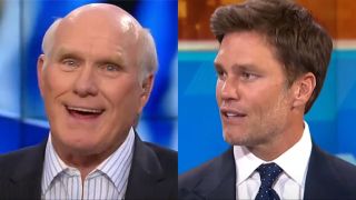 Terry Bradshaw and Tom Brady split image both in suits