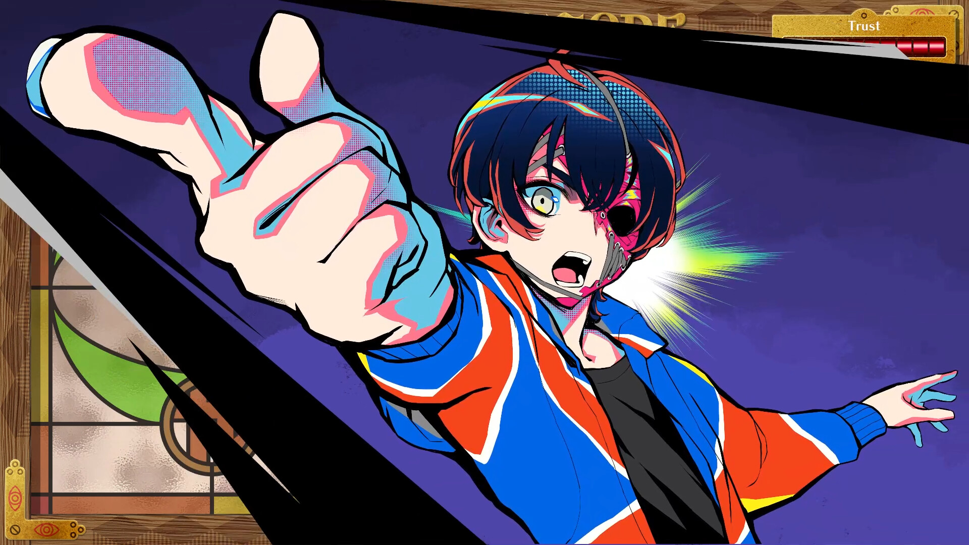 Rei Shimobe, the protagonist from Shuten Order. They're young with short, blue-black hair and wearing a red and blue sweater while pointing toward the screen.