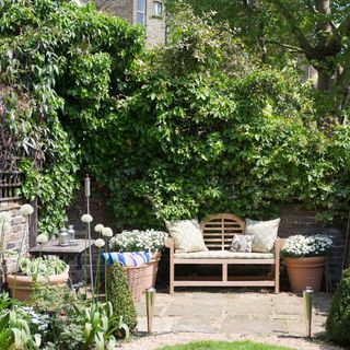 garden with armchair and flower pots