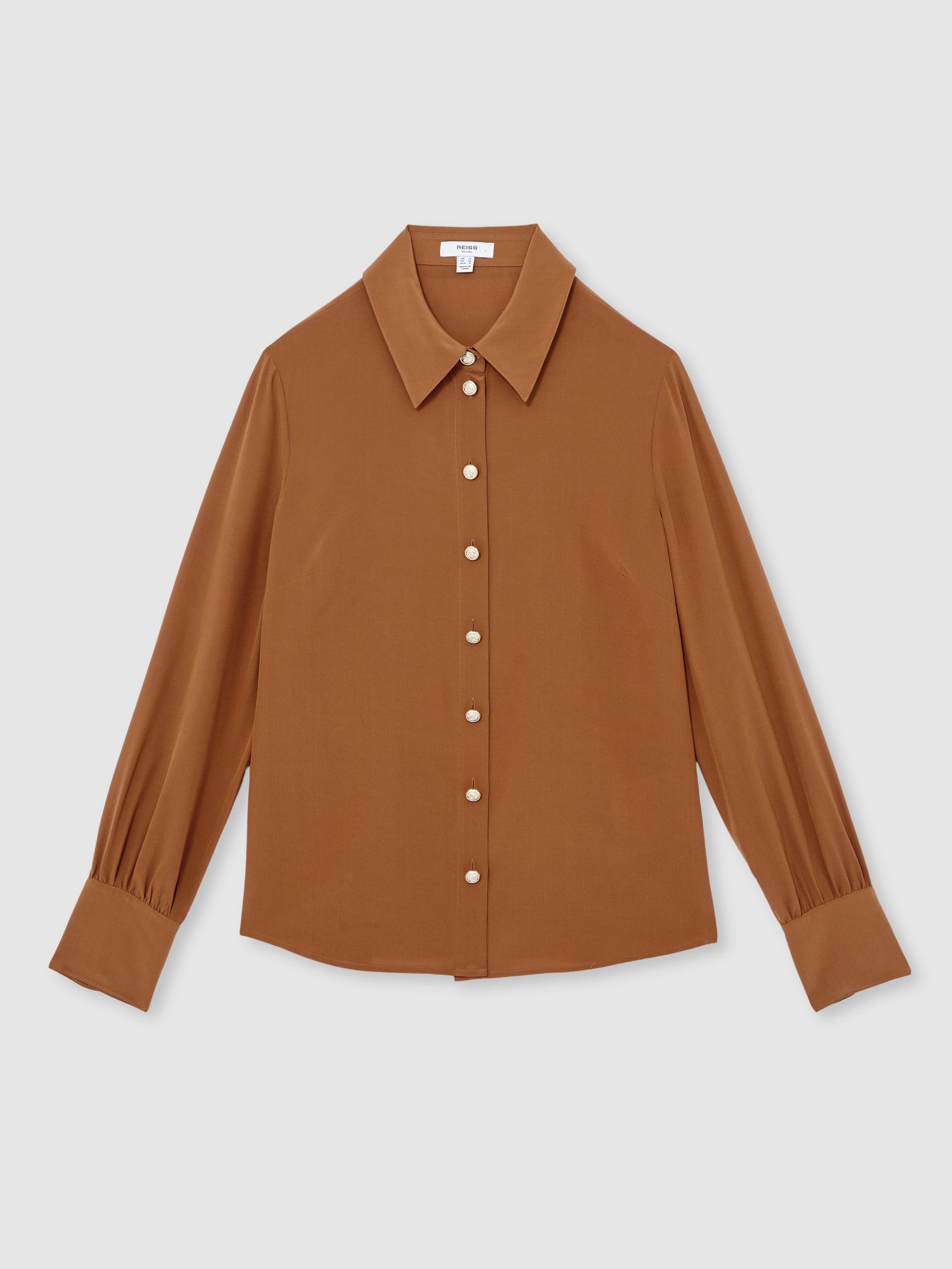 Silk Embossed-Button Shirt in Tan Brown