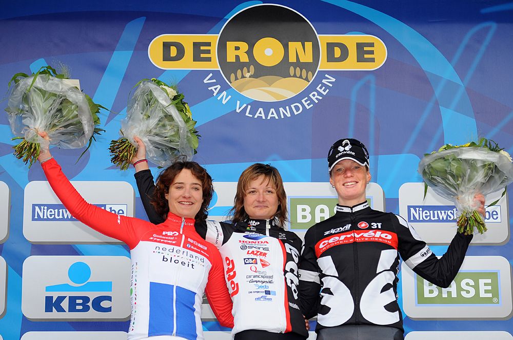 2019 Tour of Flanders Women podium: Marianne Vos (Ned)/ winner Grace Verbeke (Bel)/ Kirsten Wild (Ned)