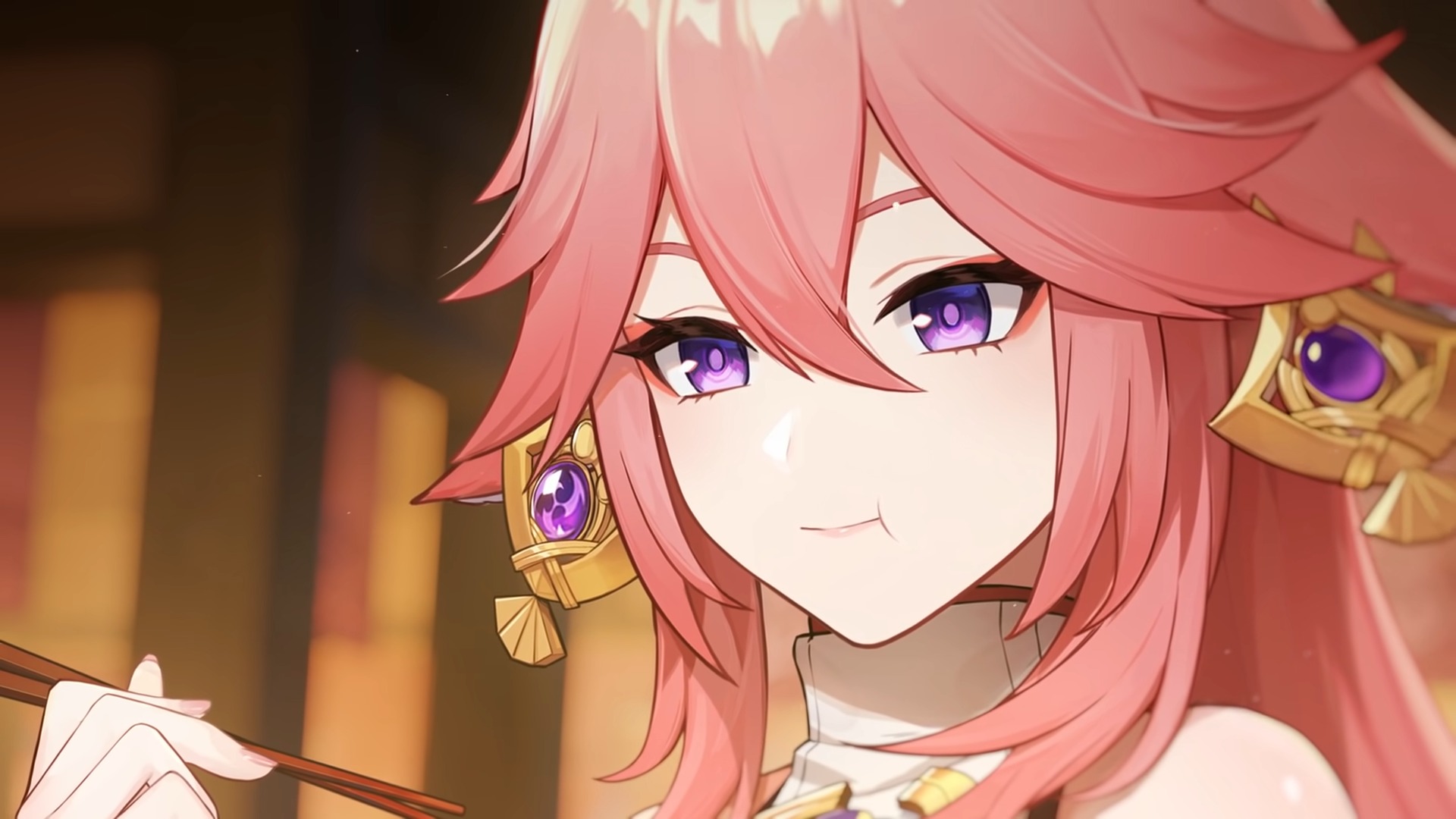 Genshin Impact character Yae Miko holding chopsticks