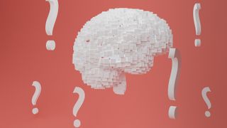A floating virtual brain surrounded by question marks.