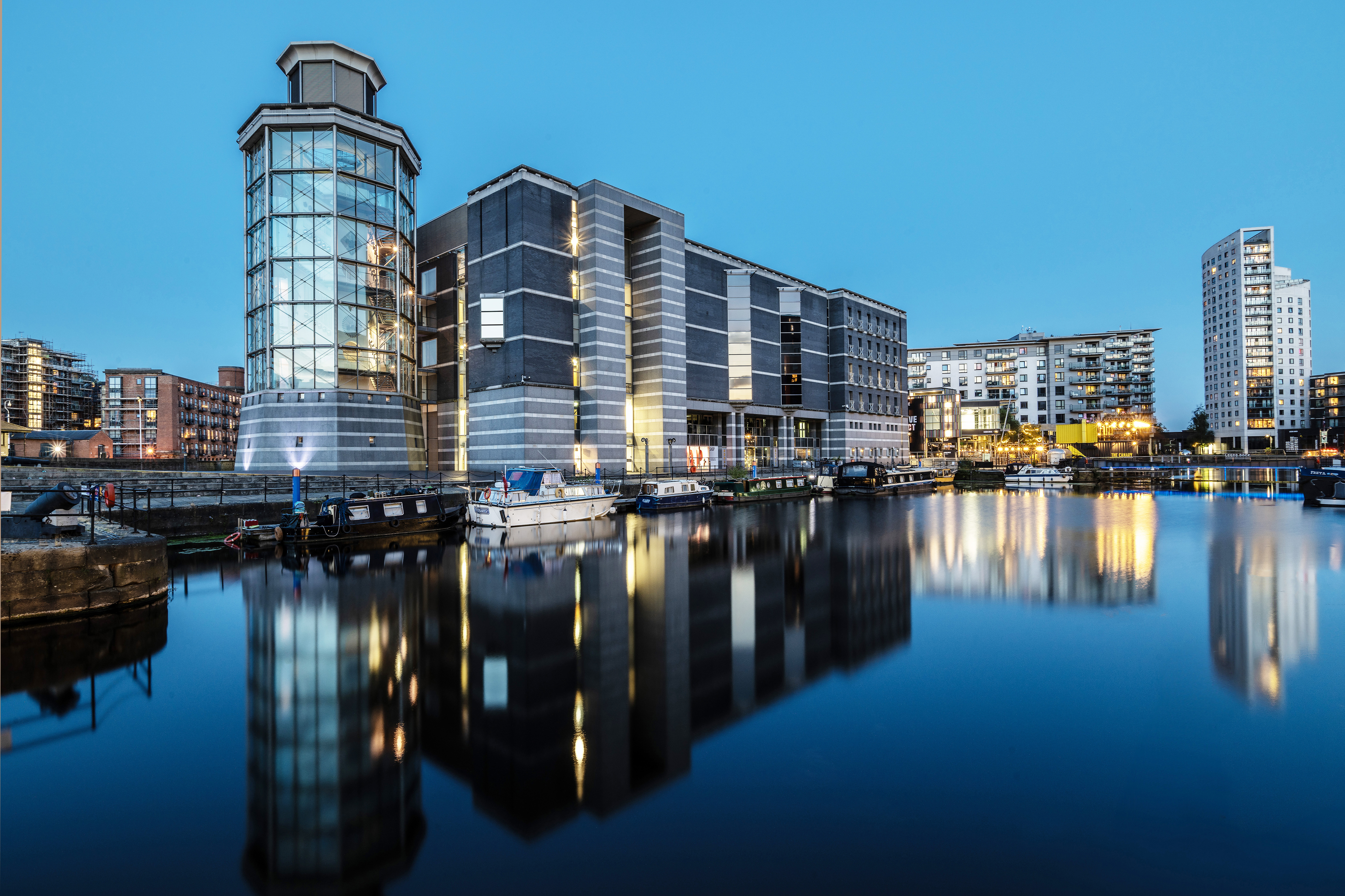 Leeds City Dock at dusk, showing Leeds Armouries