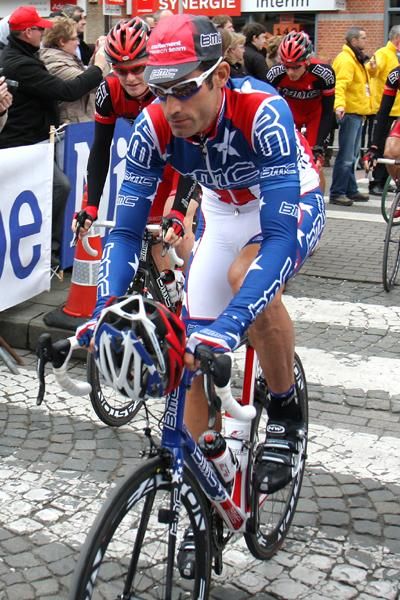 BMC veteran George Hincapie was in race mode before the start.
