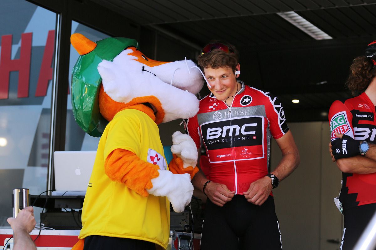 Stefan Kung (BMC) having fun on the podium