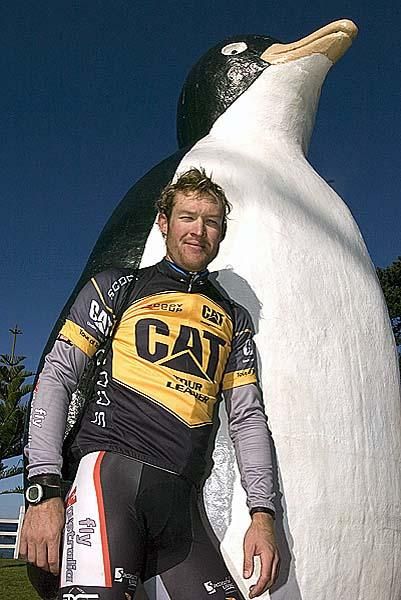 A flying penguin: Tour leader Bernard Sulzberger (Fly V Australia) gets to know one of the locals in Penguin after stage seven.