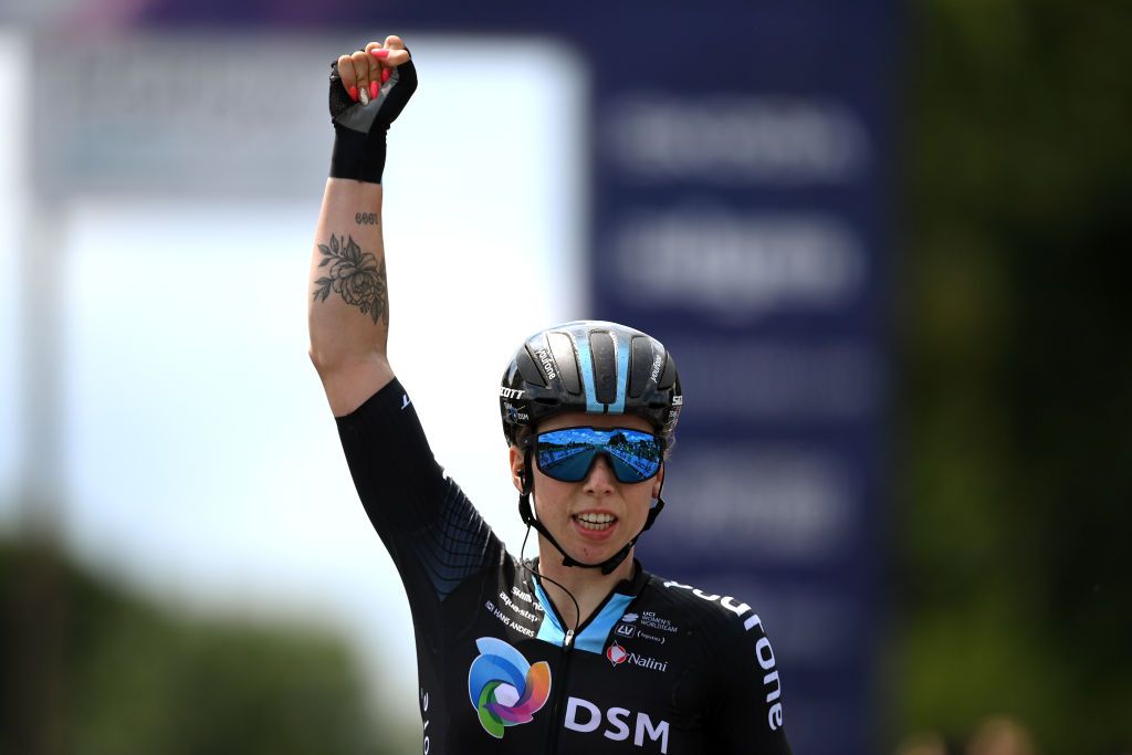 HARLOW ENGLAND JUNE 07 Lorena Wiebes of Netherlands and Team DSM celebrates at finish line as stage winner during the 8th The Womens Tour 2022 Stage 2 a 921km stage from Harlow to Harlow WomensTour UCIWWT on June 07 2022 in Harlow England Photo by Justin SetterfieldGetty Images