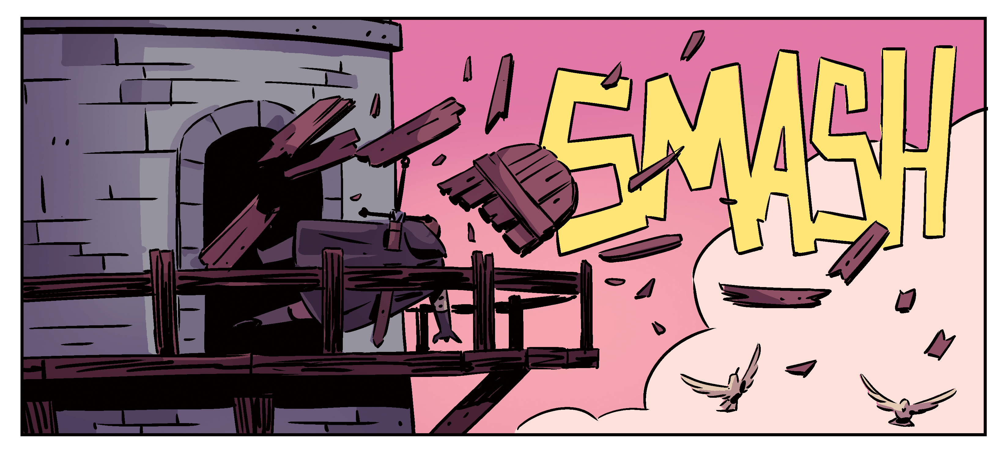 Comic art; a man smashes through a door