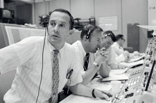 Astronaut Charlie Duke is seen as capsule communicator (CapCom) during the Apollo 11 mission in July 1969.