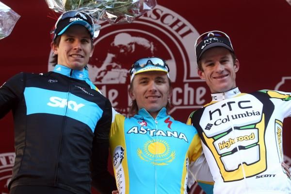 The Montepaschi Strade Bianche podium: Thomas Lovkvist (Sky), Maxim Iglinsky (Astana) and Michael Rogers (HTC-Columbia)