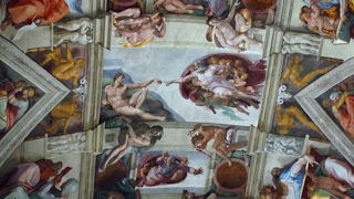 Part of the artwork of Michelangelo that adorns the ceiling of the Sistine Chapel at the Vatican, Italy.