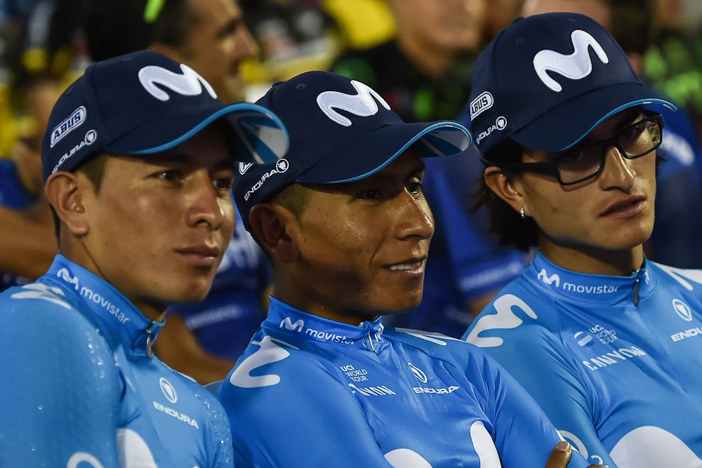 Dayer Quintana (L), Nairo Quintana (C) and Winner Anacona of the Movistar team attend the team presentation ahead of the Colombia Oro y Paz