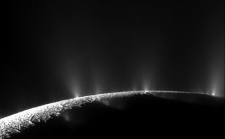Geysers from tiger-stripe fissures: This mosaic of two Cassini images shows water plumes emanating from four cracks in the surface of the southern polar region of the Saturn moon Enceladus. From left to right, the fractures are named Alexandria, Cairo, Baghdad and Damascus.