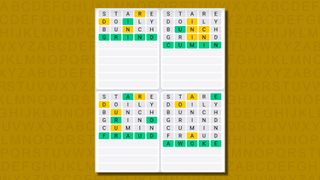 Quordle daily sequence answers for game 652 on a yellow background