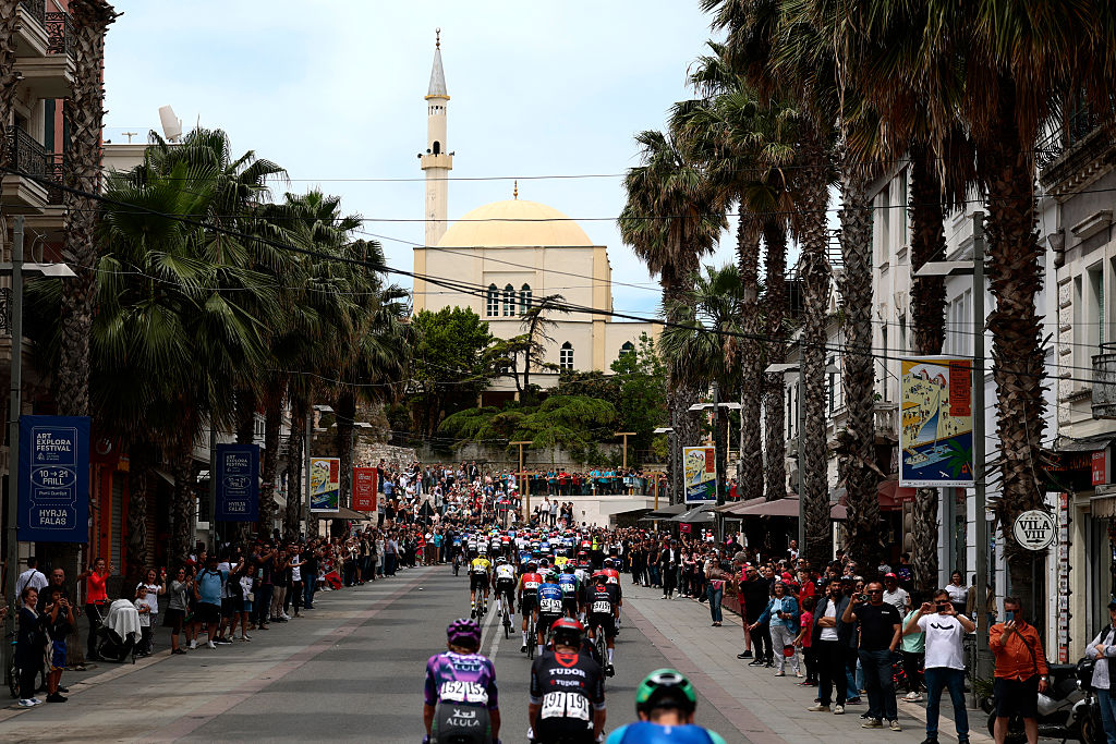The pack rides towards the start line of the first stage of the 108th Giro d'Italia cycling race, 160km from Durres to Tirana in Albania, on May 9, 2025. (Photo by Luca Bettini / AFP)