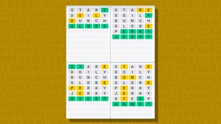 Quordle daily sequence answers for game 671 on a yellow background